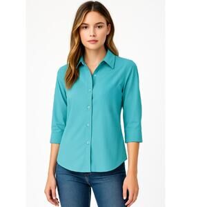Foxcroft Button Down No Iron Stretch Blouse in Turquoise – EUC Size 6